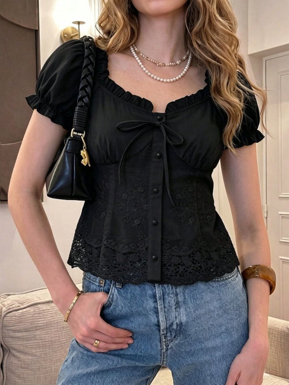 Black Casual Women's Contrast Lace Off Shoulder Tie-Up Slim Fit Crop Top